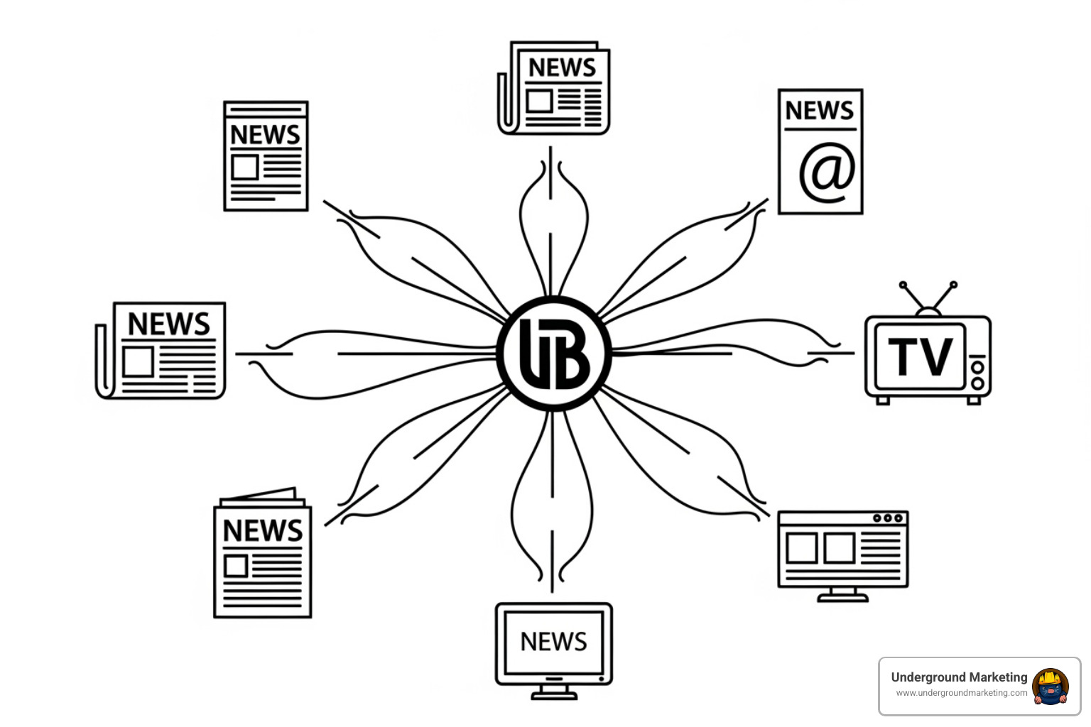 A diagram showing a brand's press release being syndicated across a network of authoritative news outlets, creating valuable backlinks. - press release links
