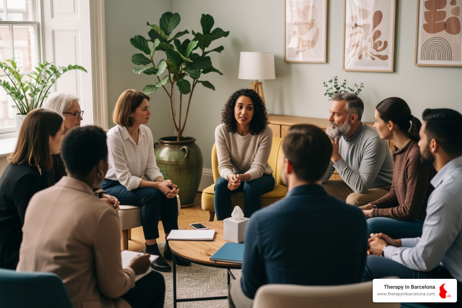 Image of a diverse group of people in a supportive group setting in a city like Barcelona or Valencia. - solution focus therapy questions Image of a diverse group of people in a supportive group setting in a city like Barcelona or Valencia. - solution focus therapy questions