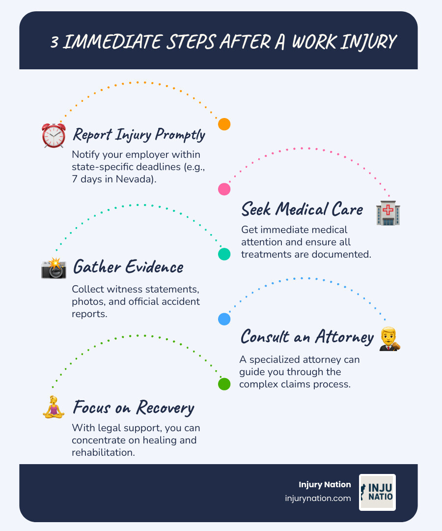 Infographic showing 3 immediate steps after a work injury: Step 1 - Report the injury to your employer within 7 days; Step 2 - Seek medical attention immediately and document all treatment; Step 3 - Gather evidence including witness statements, photos, and accident reports - injured worker attorney infographic infographic-line-5-steps-blues-accent_colors