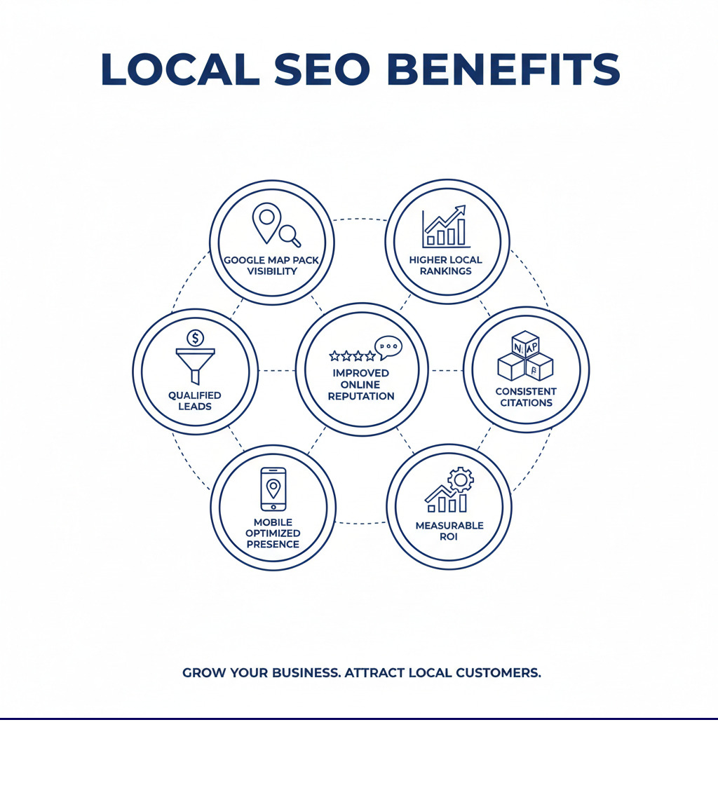 infographic showing key benefits of local SEO including increased visibility in Google Map Pack, higher local search rankings, more qualified leads, improved online reputation through review management, consistent NAP citations across directories, mobile-optimized presence for on-the-go searches, and measurable ROI through local traffic and conversions - seo firm near me infographic infographic showing key benefits of local SEO including increased visibility in Google Map Pack, higher local search rankings, more qualified leads, improved online reputation through review management, consistent NAP citations across directories, mobile-optimized presence for on-the-go searches, and measurable ROI through local traffic and conversions - seo firm near me infographic