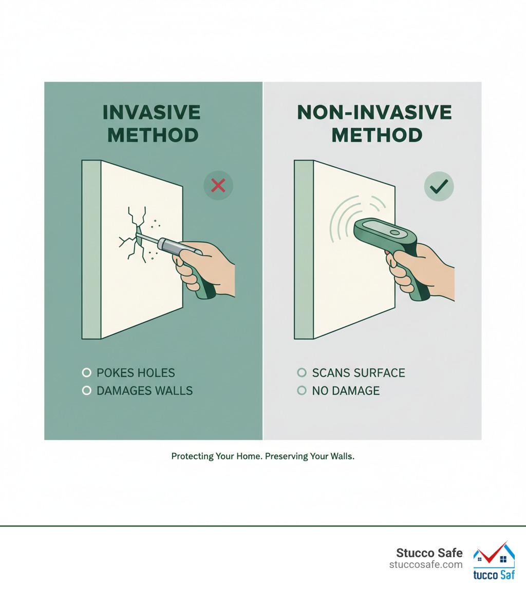 Infographic explaining the core difference between poking holes in a wall (invasive) versus scanning the surface (non-invasive) - non invasive moisture testing infographic Infographic explaining the core difference between poking holes in a wall (invasive) versus scanning the surface (non-invasive) - non invasive moisture testing infographic
