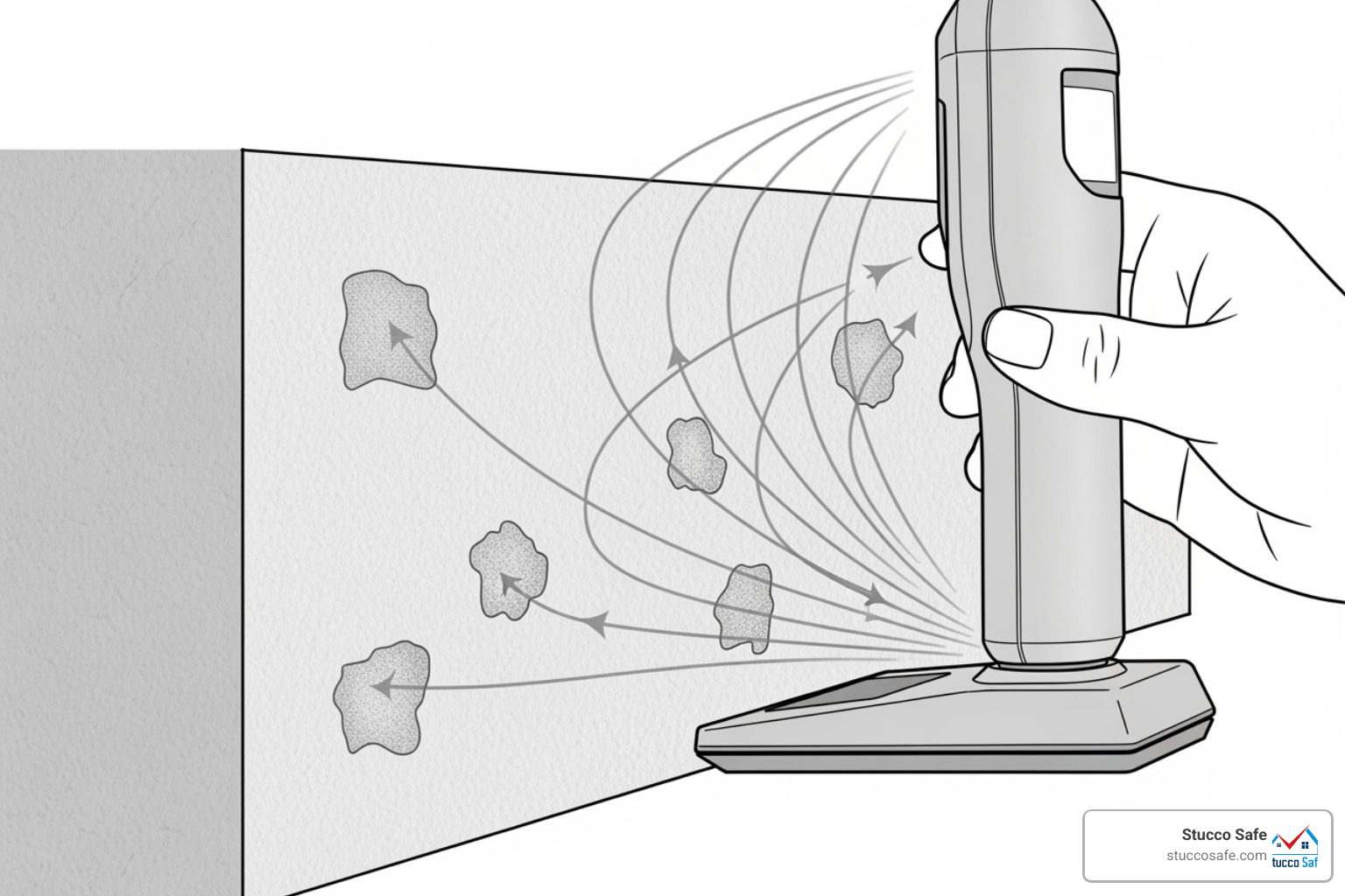A diagram showing an electromagnetic field from a pinless meter penetrating a wall and detecting moisture - non invasive moisture testing A diagram showing an electromagnetic field from a pinless meter penetrating a wall and detecting moisture - non invasive moisture testing