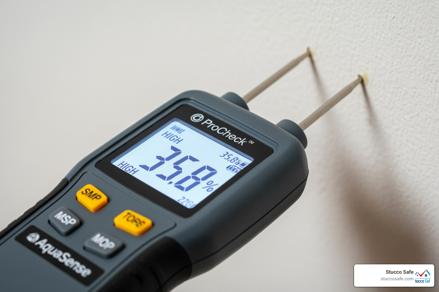 digital moisture meter displaying a high reading - stucco inspection report sample
