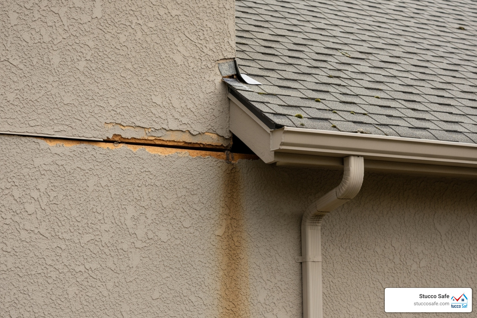 missing kick-out flashing at a roof-to-wall intersection - stucco inspection report sample
