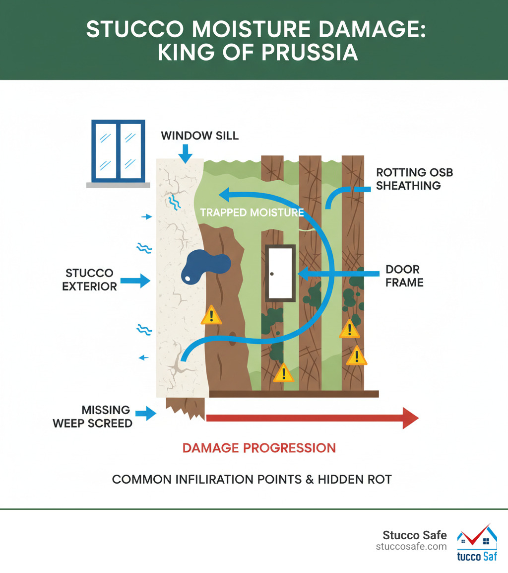 infographic showing cross-section of stucco wall system with water infiltration points, moisture trapped behind stucco layer, rotting OSB sheathing and wood framing, plus common entry points like windows, doors, and missing weep screeds with arrows indicating water movement and damage progression - stucco inspection King of of Prussia infographic infographic showing cross-section of stucco wall system with water infiltration points, moisture trapped behind stucco layer, rotting OSB sheathing and wood framing, plus common entry points like windows, doors, and missing weep screeds with arrows indicating water movement and damage progression - stucco inspection King of of Prussia infographic