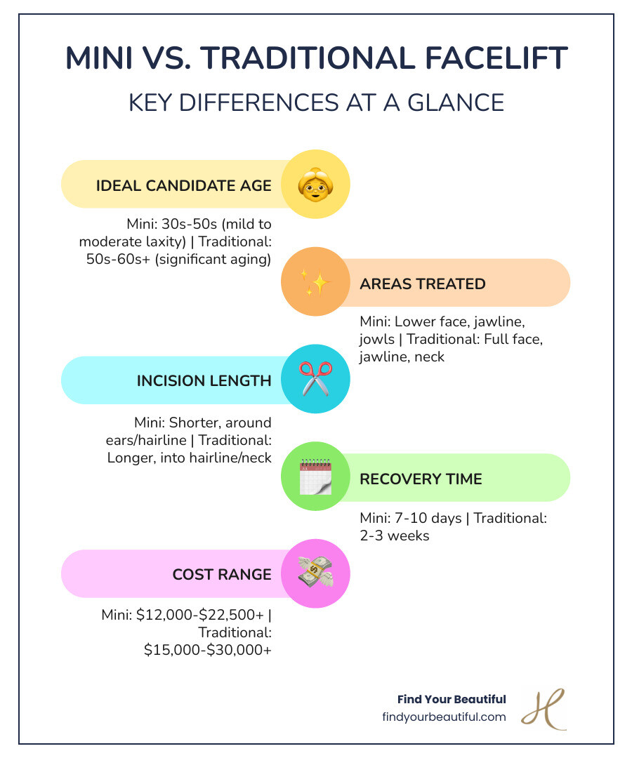 Infographic comparing mini facelift and traditional facelift showing ideal candidate age (30s-50s vs 50s-60s), areas treated (lower face and jawline vs full face and neck), incision length (shorter around ears vs longer extending into hairline), recovery time (7-10 days vs 2-3 weeks), and cost range ($12,000-$22,500 vs $15,000-$30,000+) - mini facelift infographic infographic-line-5-steps-colors