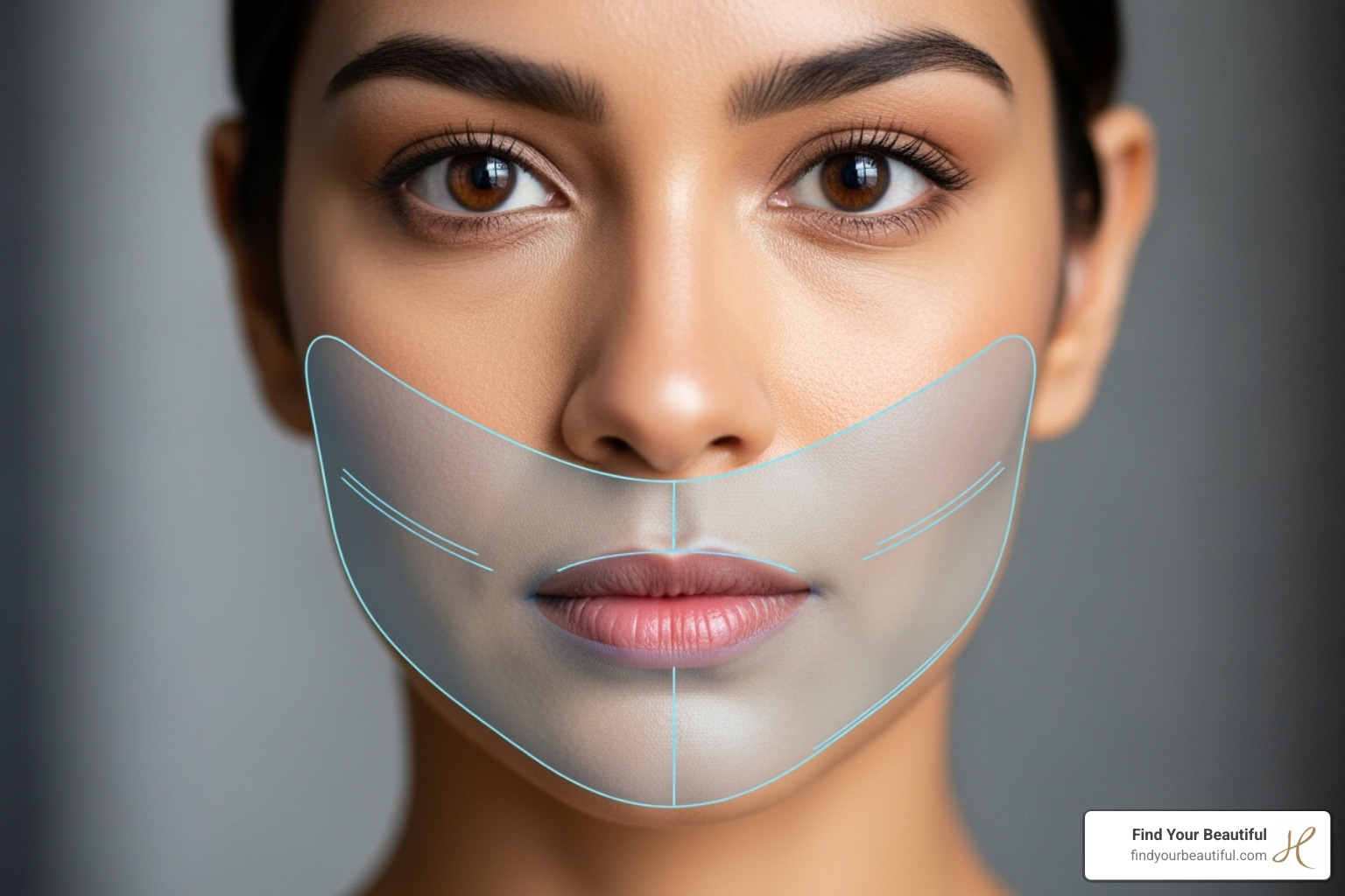 Image illustrating the areas of the face treated by a mini facelift, highlighting the jawline, lower cheeks, and nasolabial folds - mini facelift