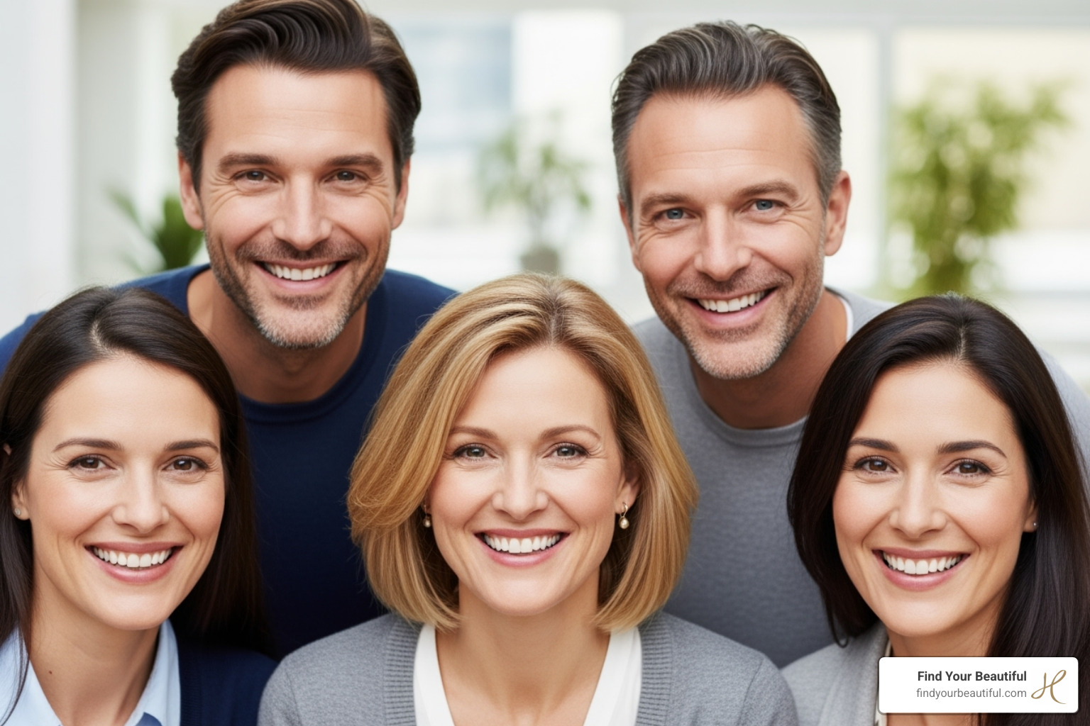 Image of a diverse group of potential candidates in their 30s, 40s, and 50s smiling - mini facelift