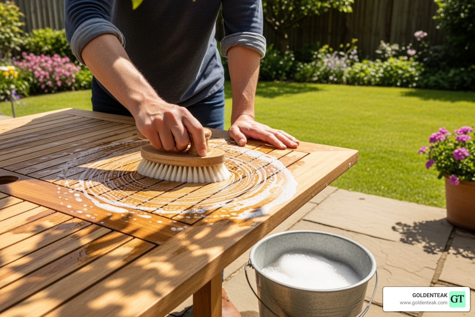 person gently scrubbing a teak table - cleaning teak wood patio furniture person gently scrubbing a teak table - cleaning teak wood patio furniture