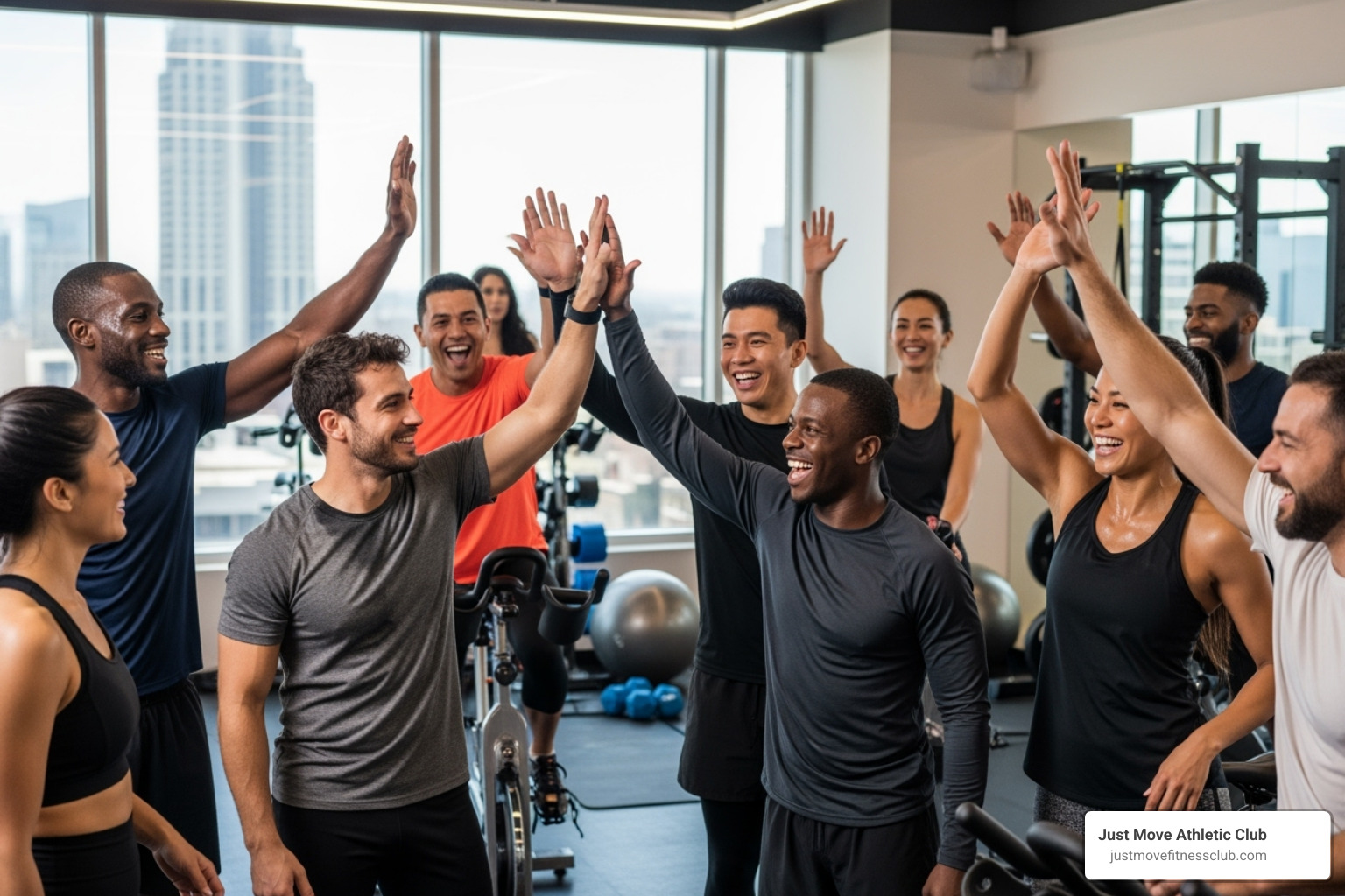 people smiling and high-fiving after a workout - spin classes havendale