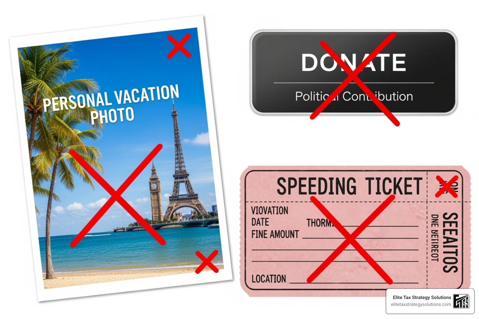 non-deductible expenses with red "X" marks over a personal vacation photo, a political donation button, and a speeding ticket - irs business expense categories list non-deductible expenses with red "X" marks over a personal vacation photo, a political donation button, and a speeding ticket - irs business expense categories list