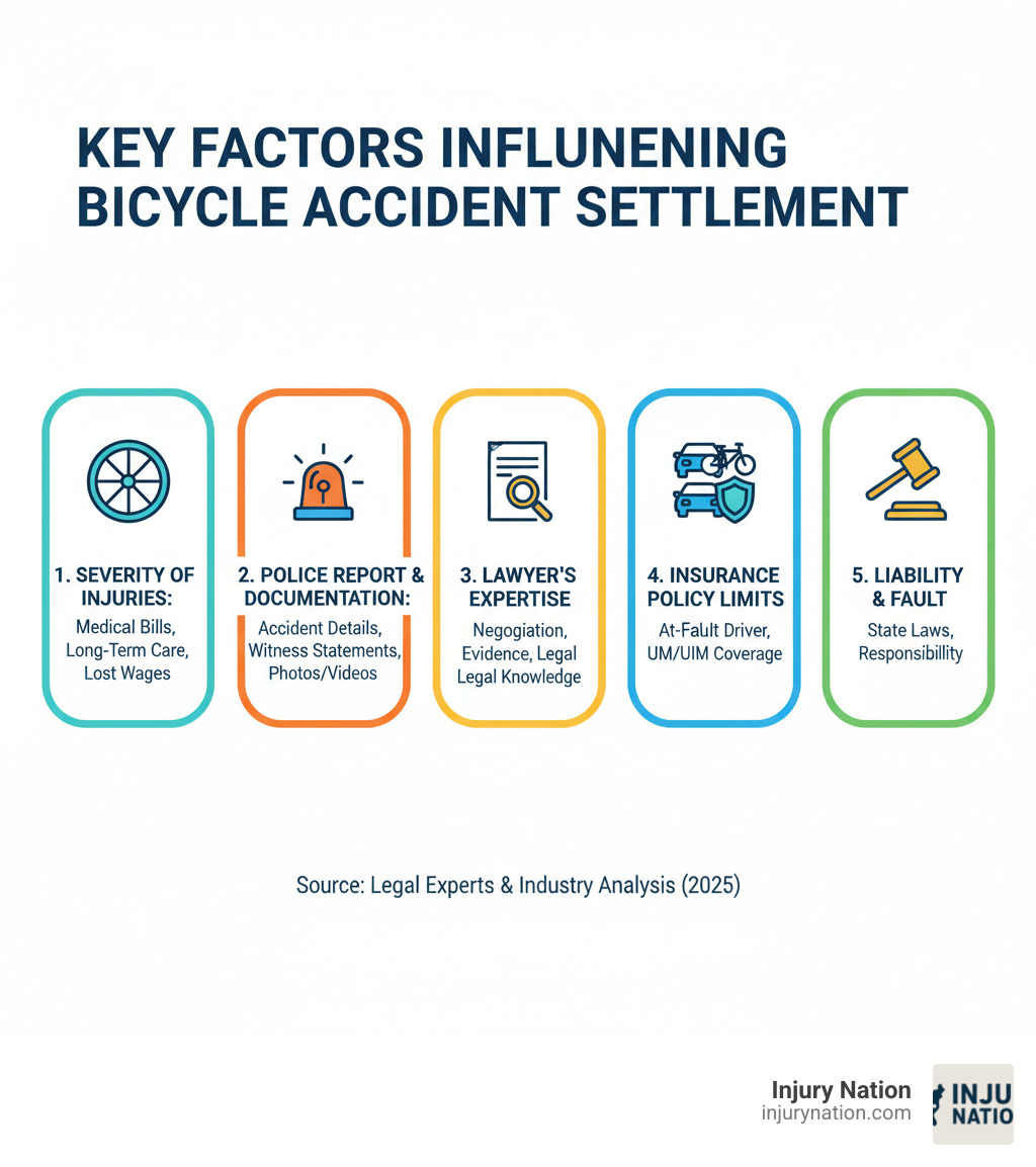 key factors influencing bicycle accident settlement - bicycle crash lawyer infographic 