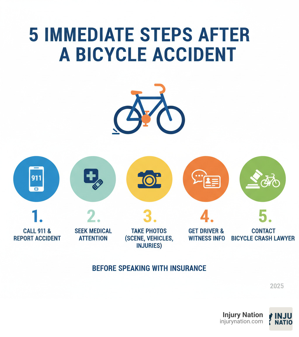 infographic showing 5 immediate steps after a bicycle accident: 1. Call 911 and report the accident 2. Seek medical attention even if you feel okay 3. Take photos of the scene vehicles and injuries 4. Get driver information and witness contacts 5. Contact a bicycle crash lawyer before speaking with insurance - bicycle crash lawyer infographic 