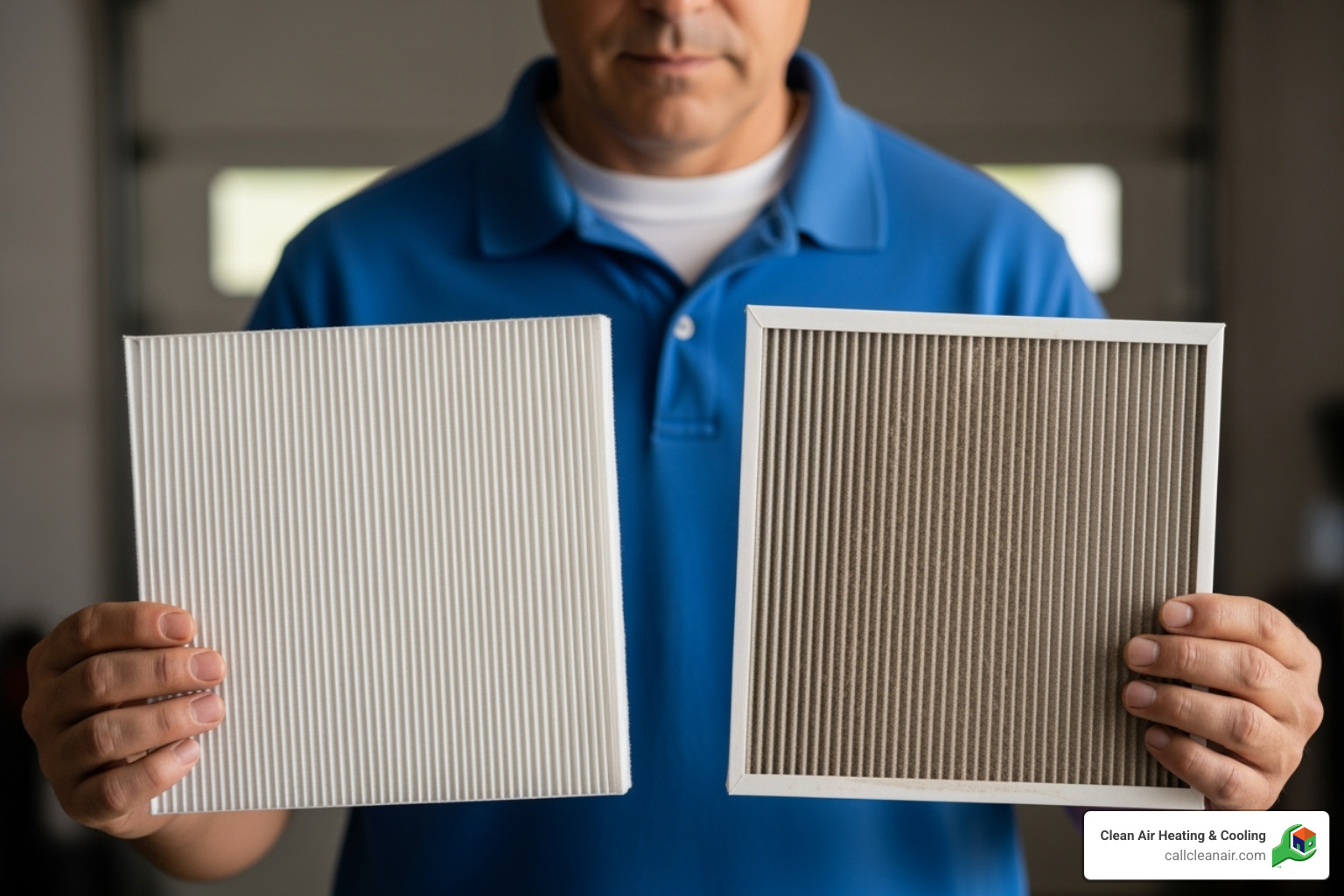 Homeowner holding a clean air filter next to a dirty one - HVAC annual service Homeowner holding a clean air filter next to a dirty one - HVAC annual service
