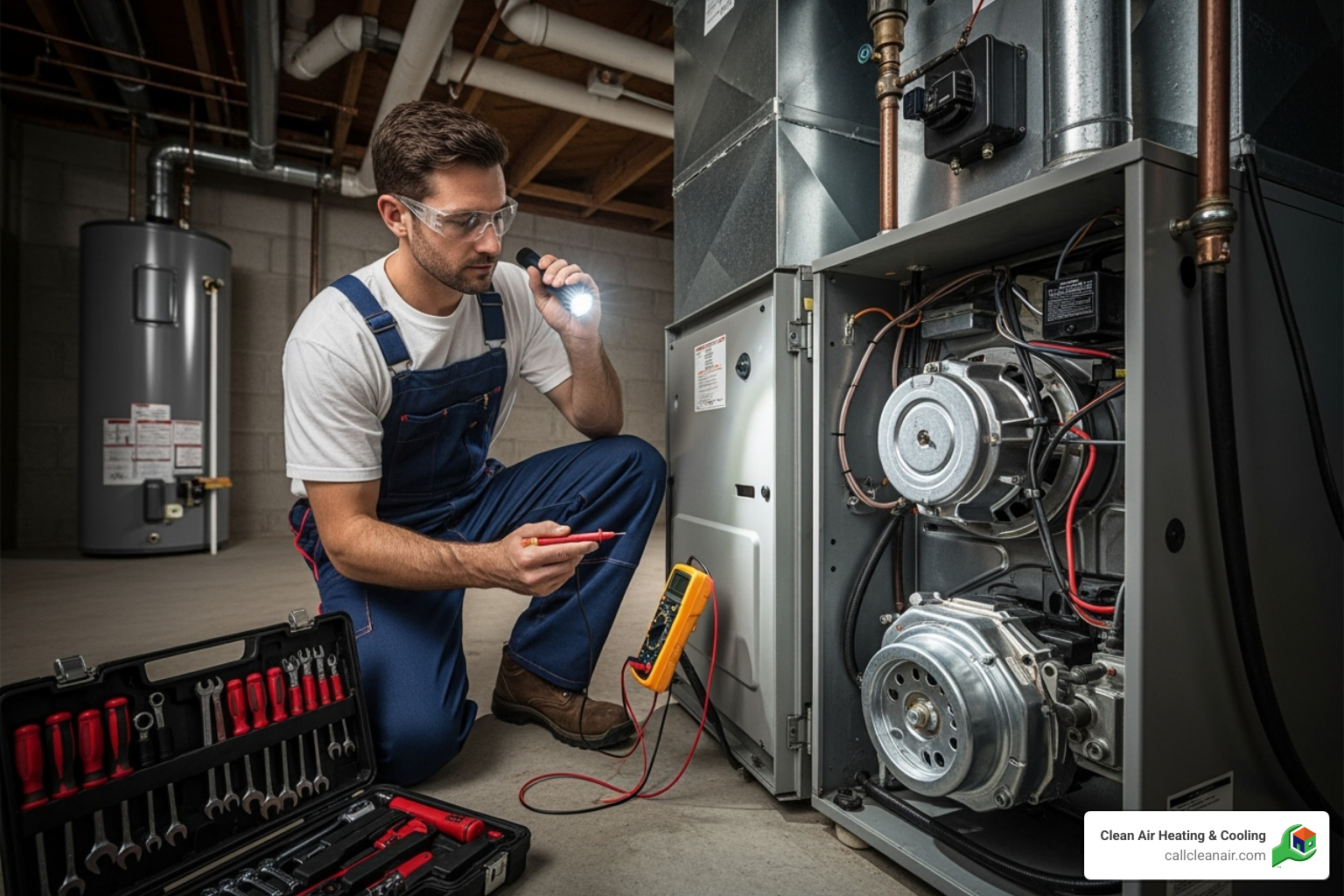 Technician inspecting the inside of a furnace - HVAC annual service Technician inspecting the inside of a furnace - HVAC annual service
