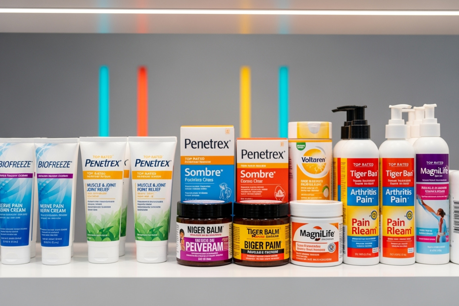 The top-rated pain relief creams arranged on a shelf in a modern, well-lit setting - Pain relief cream New York The top-rated pain relief creams arranged on a shelf in a modern, well-lit setting - Pain relief cream New York