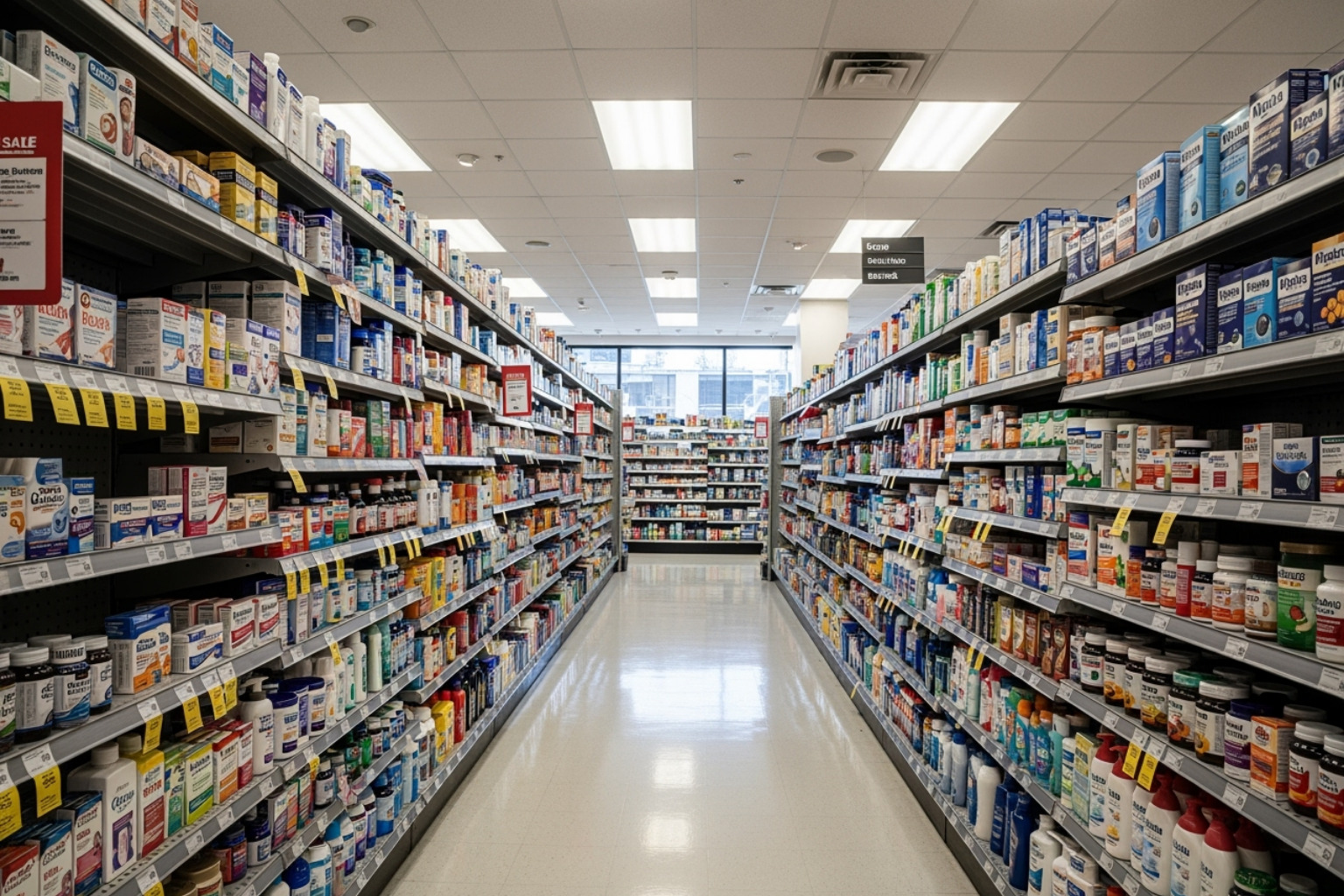 A brightly lit pharmacy aisle in a New York City store, stocked with various health and wellness products - Pain relief cream New York A brightly lit pharmacy aisle in a New York City store, stocked with various health and wellness products - Pain relief cream New York