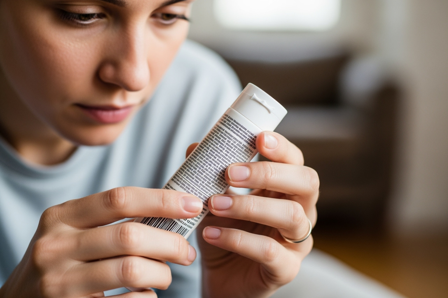 Person carefully reading the label on a pain cream tube, emphasizing safety and informed choice - Pain relief cream New York Person carefully reading the label on a pain cream tube, emphasizing safety and informed choice - Pain relief cream New York