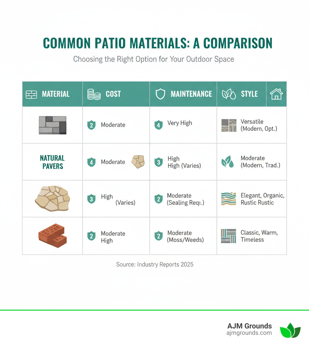 table comparing common patio materials like Concrete Pavers, Natural Stone, and Brick on factors such as Cost, Durability, Maintenance, and Style - patio companies infographic 
