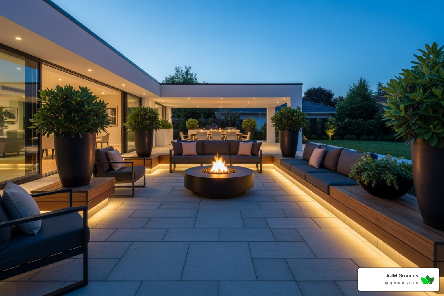 modern patio design with integrated lighting and fire pit - patio companies