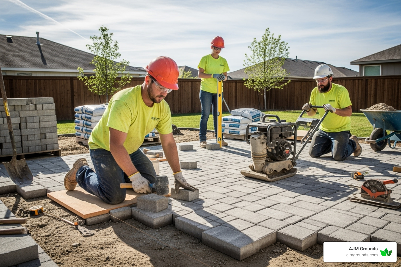 professional crew laying pavers - patio companies
