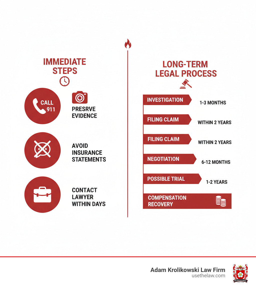 Infographic showing immediate steps after a fatal accident on the left side (call 911, preserve evidence, avoid insurance statements, contact a lawyer within days) and long-term legal process on the right side (investigation 1-3 months, filing claim within 2 years, negotiation 6-12 months, possible trial 1-2 years, compensation recovery) - fatal car accident lawyer infographic Infographic showing immediate steps after a fatal accident on the left side (call 911, preserve evidence, avoid insurance statements, contact a lawyer within days) and long-term legal process on the right side (investigation 1-3 months, filing claim within 2 years, negotiation 6-12 months, possible trial 1-2 years, compensation recovery) - fatal car accident lawyer infographic