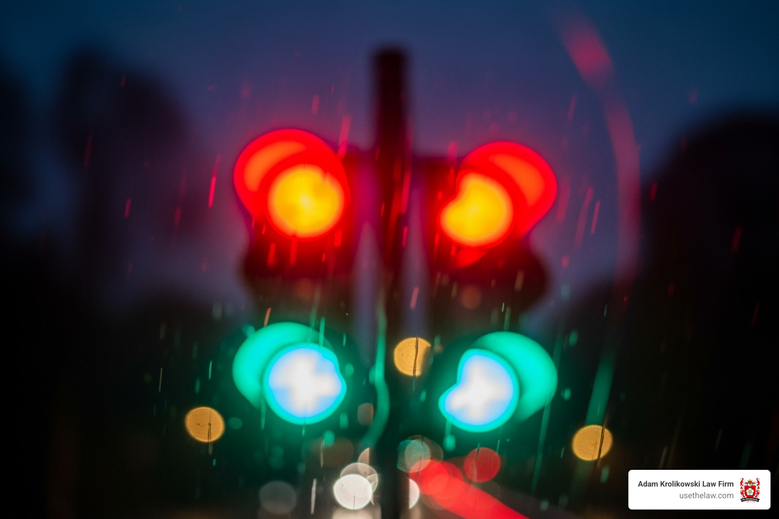 A blurred traffic light at night - fatal car accident lawyer A blurred traffic light at night - fatal car accident lawyer