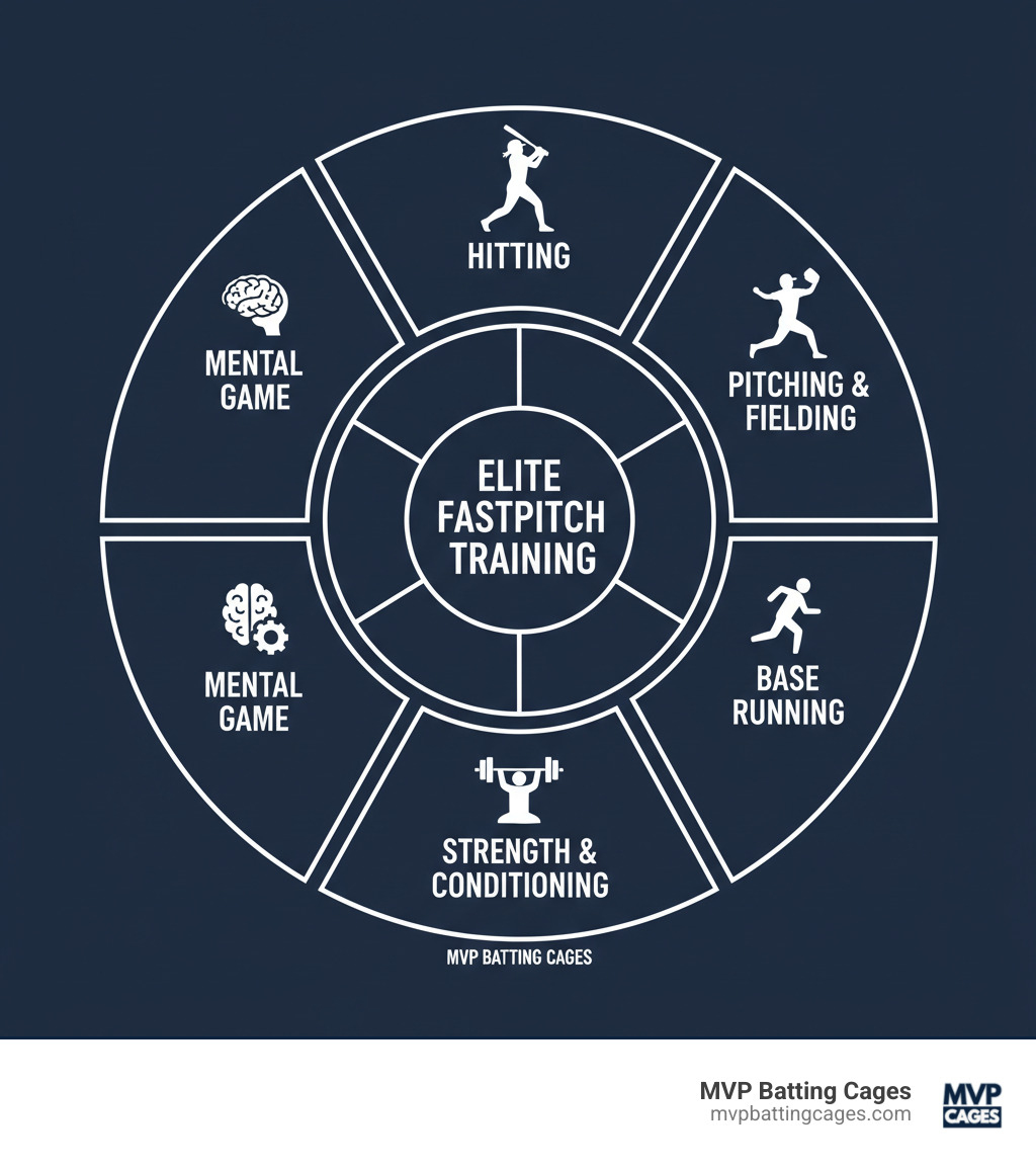 Infographic showing the five pillars of elite fastpitch softball training: a circular diagram with Hitting at the top, followed clockwise by Pitching and Fielding, Base Running, Strength and Conditioning, and Mental Game in the center connecting all elements - fastpitch softball training infographic 