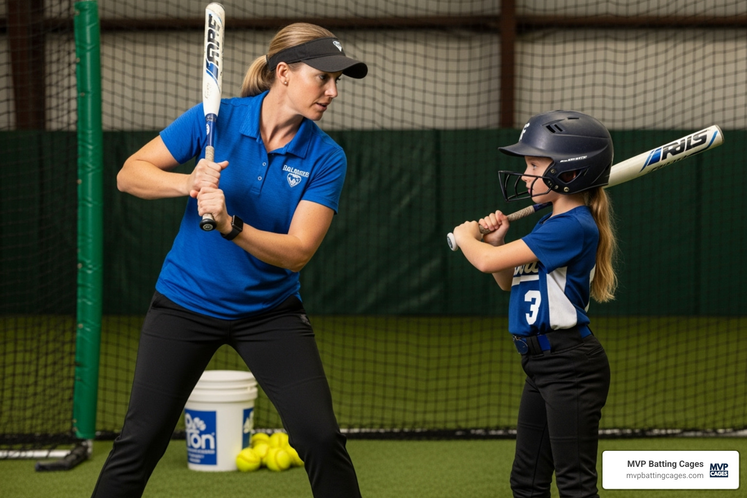 A coach demonstrating proper hitting form to a young player, with the player mimicking the stance - fastpitch softball training