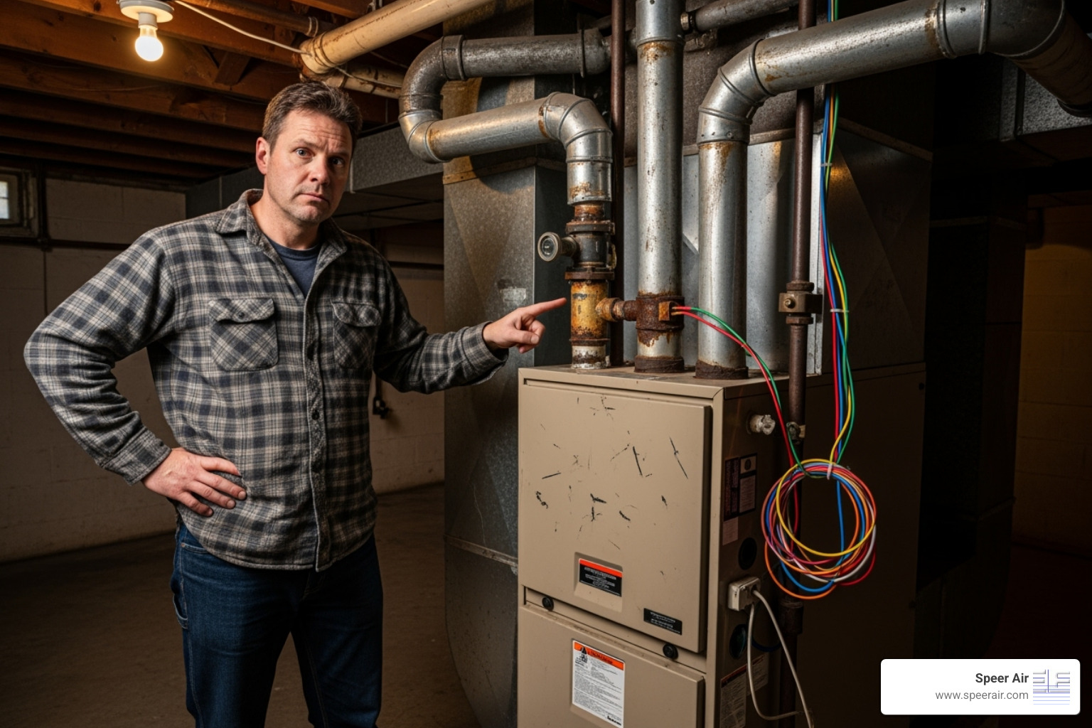 A homeowner looking concerned at an old, inefficient furnace - complete hvac system denville A homeowner looking concerned at an old, inefficient furnace - complete hvac system denville