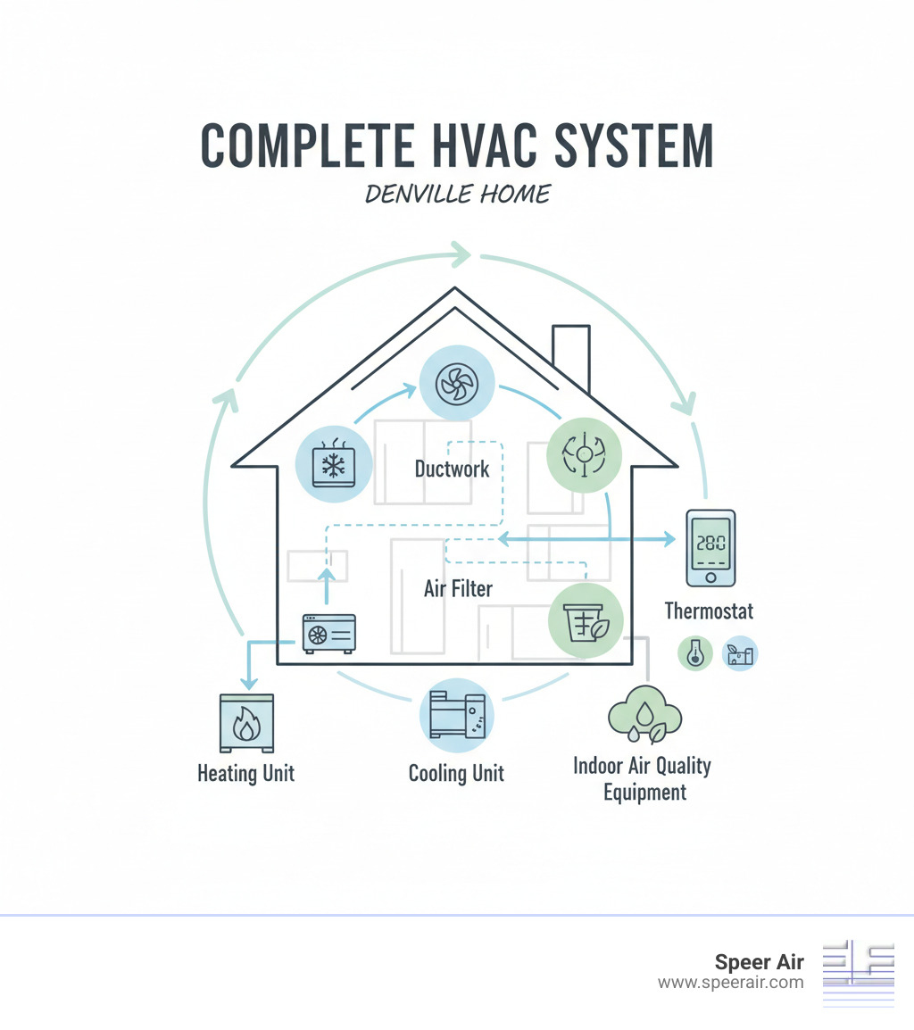 Complete HVAC System Components infographic showing heating unit, cooling unit, ductwork, thermostat, air filter, and indoor air quality equipment with arrows showing how they work together in a Denville home - complete hvac system denville infographic Complete HVAC System Components infographic showing heating unit, cooling unit, ductwork, thermostat, air filter, and indoor air quality equipment with arrows showing how they work together in a Denville home - complete hvac system denville infographic