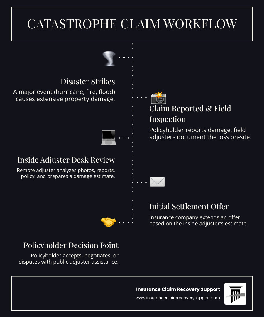 infographic showing the catastrophe claim workflow from disaster event through policyholder report, field inspection photos and documentation, inside adjuster desk review and estimate preparation, settlement offer, and policyholder decision point to accept or dispute with public adjuster assistance - catastrophe inside property adjuster infographic infographic-line-5-steps-dark