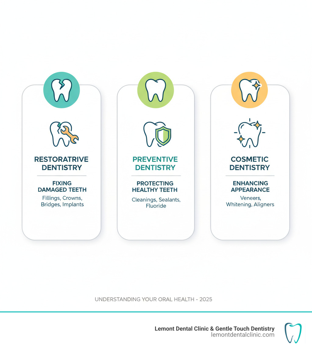 infographic showing the difference between restorative dentistry fixing damaged teeth, preventive dentistry protecting healthy teeth, and cosmetic dentistry enhancing appearance - teeth restoration price infographic infographic showing the difference between restorative dentistry fixing damaged teeth, preventive dentistry protecting healthy teeth, and cosmetic dentistry enhancing appearance - teeth restoration price infographic
