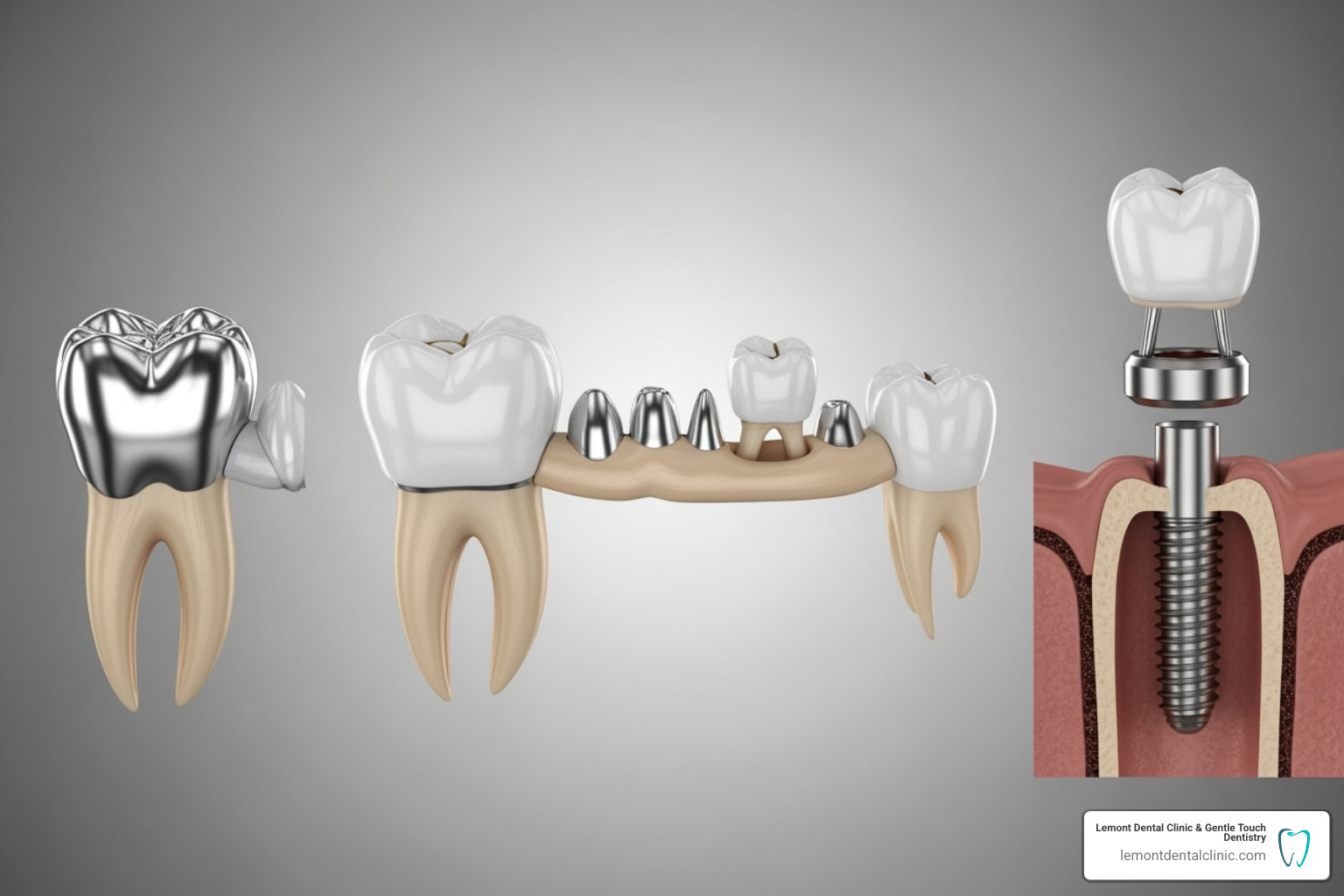 A side-by-side image showing examples of a dental filling, a dental crown, a dental bridge, and a single dental implant - teeth restoration price A side-by-side image showing examples of a dental filling, a dental crown, a dental bridge, and a single dental implant - teeth restoration price