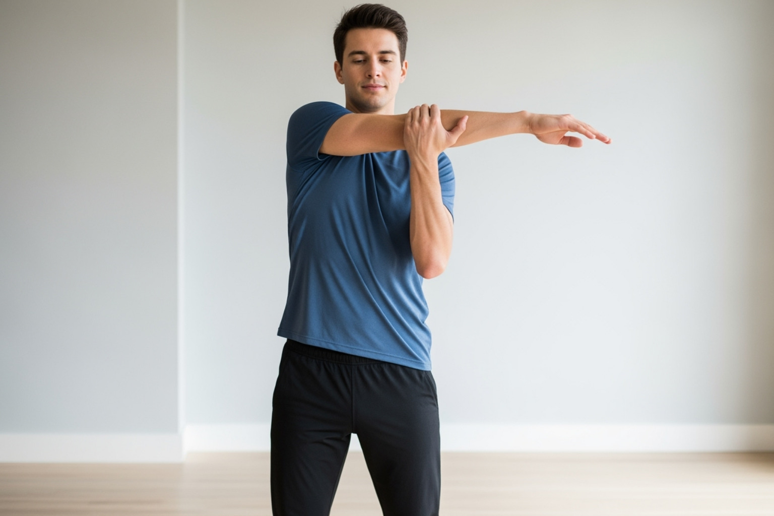 person doing across-body arm stretch - how to stretch traps person doing across-body arm stretch - how to stretch traps