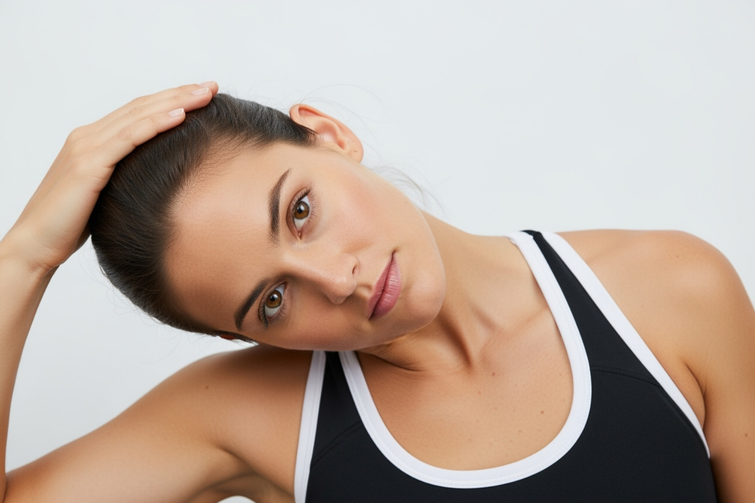 person performing ear-to-shoulder stretch - how to stretch traps person performing ear-to-shoulder stretch - how to stretch traps