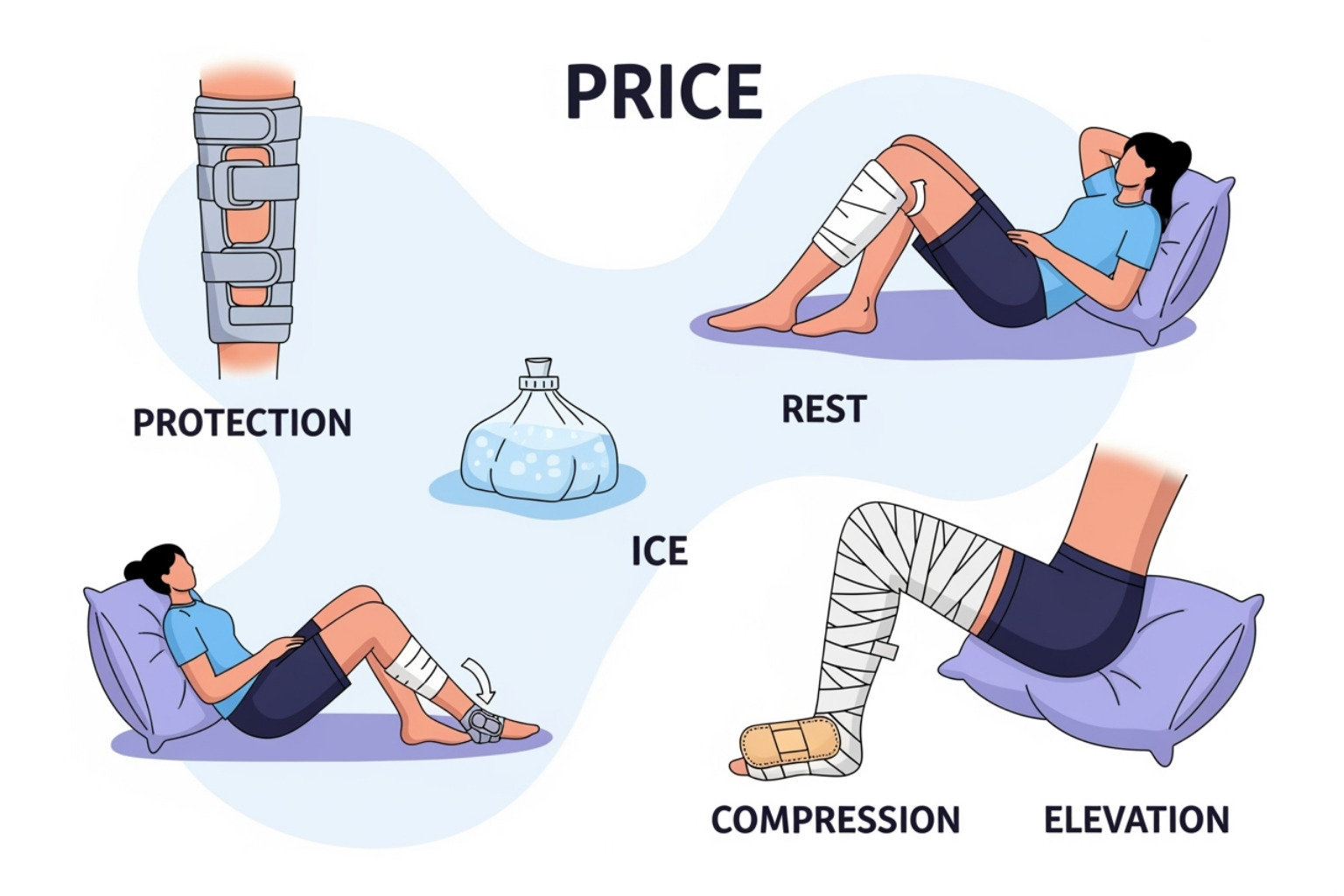 illustration of the PRICE therapy steps (Protection, Rest, Ice, Compression, Elevation) - Hamstring muscle strain illustration of the PRICE therapy steps (Protection, Rest, Ice, Compression, Elevation) - Hamstring muscle strain