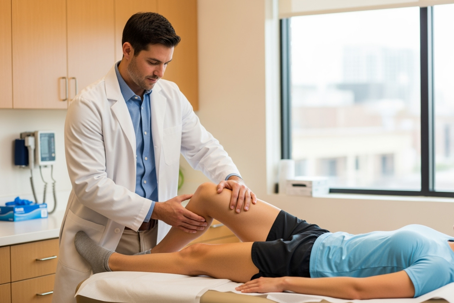 doctor performing a physical examination on a hamstring - Hamstring muscle strain doctor performing a physical examination on a hamstring - Hamstring muscle strain