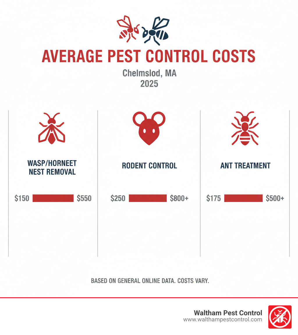 infographic showing average pest control costs in Chelmsford MA for various services - exterminator chelmsford infographic 