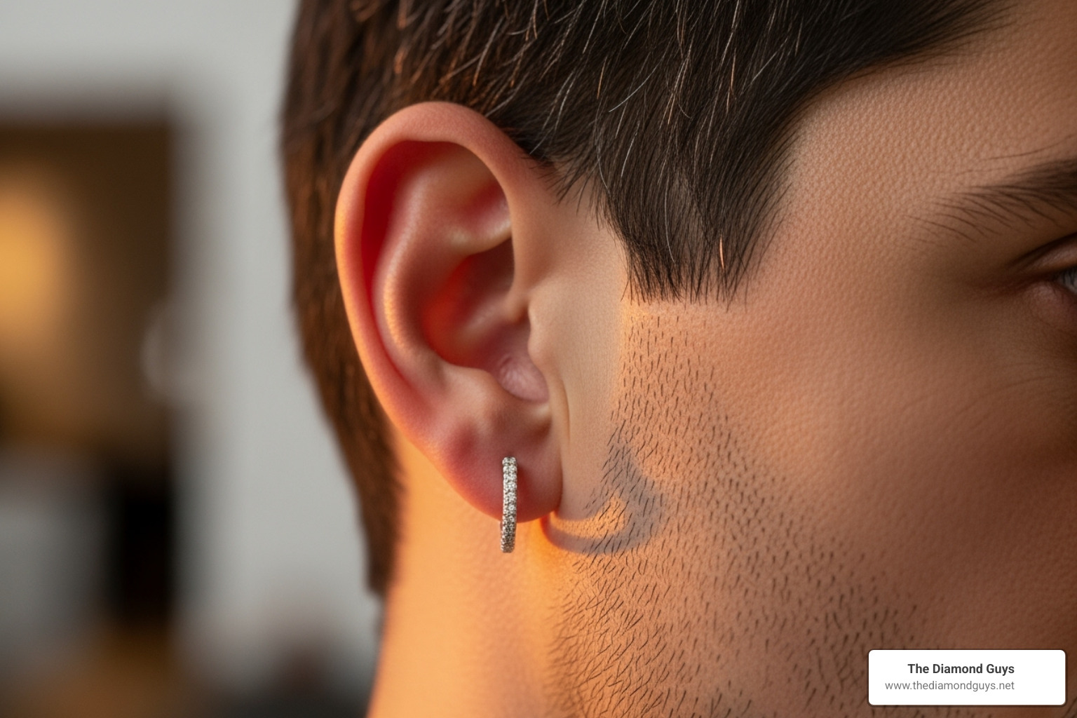 man wearing silver diamond huggie hoop earrings - silver diamond hoop earrings men