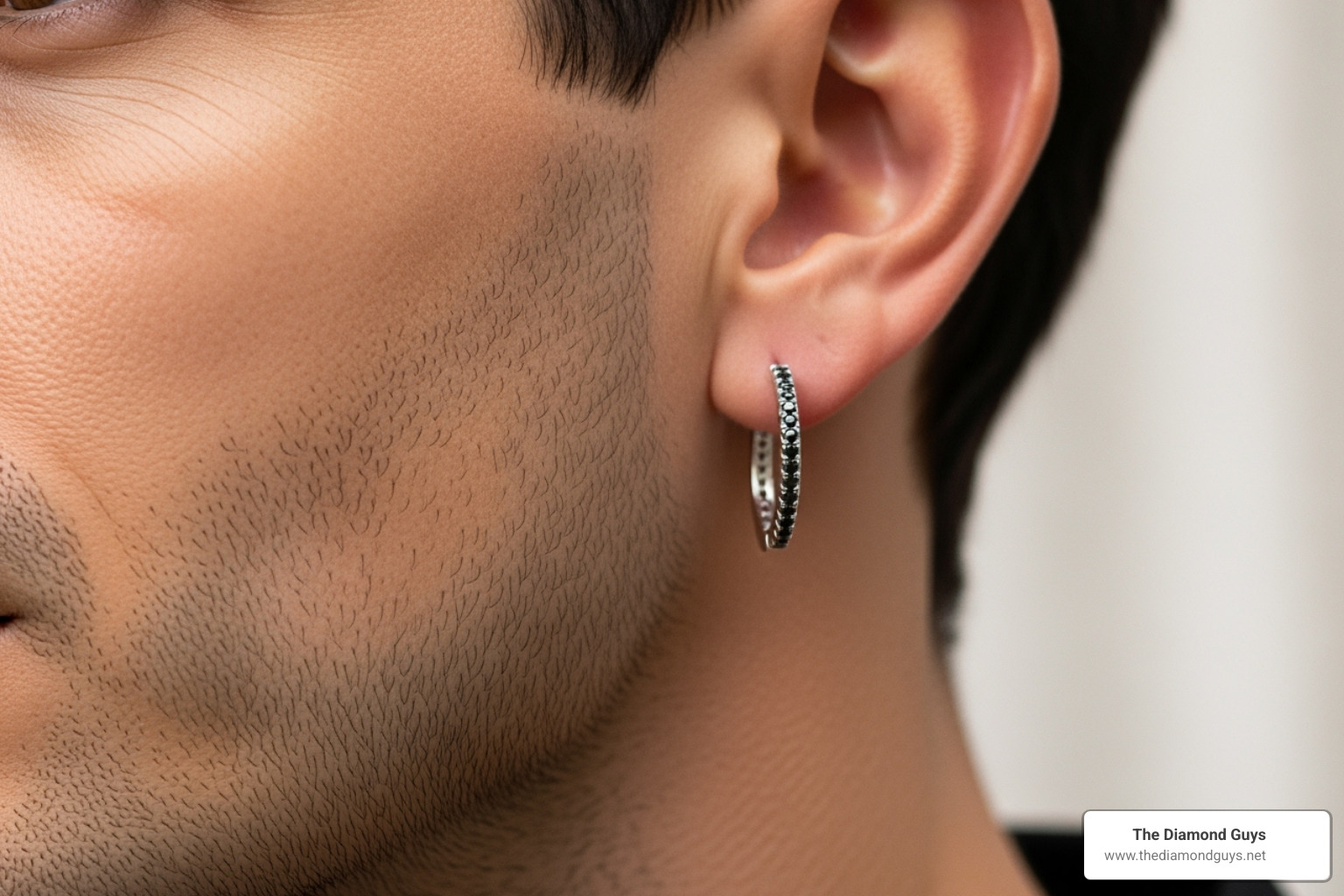 man wearing silver and black diamond hoop earrings - silver diamond hoop earrings men