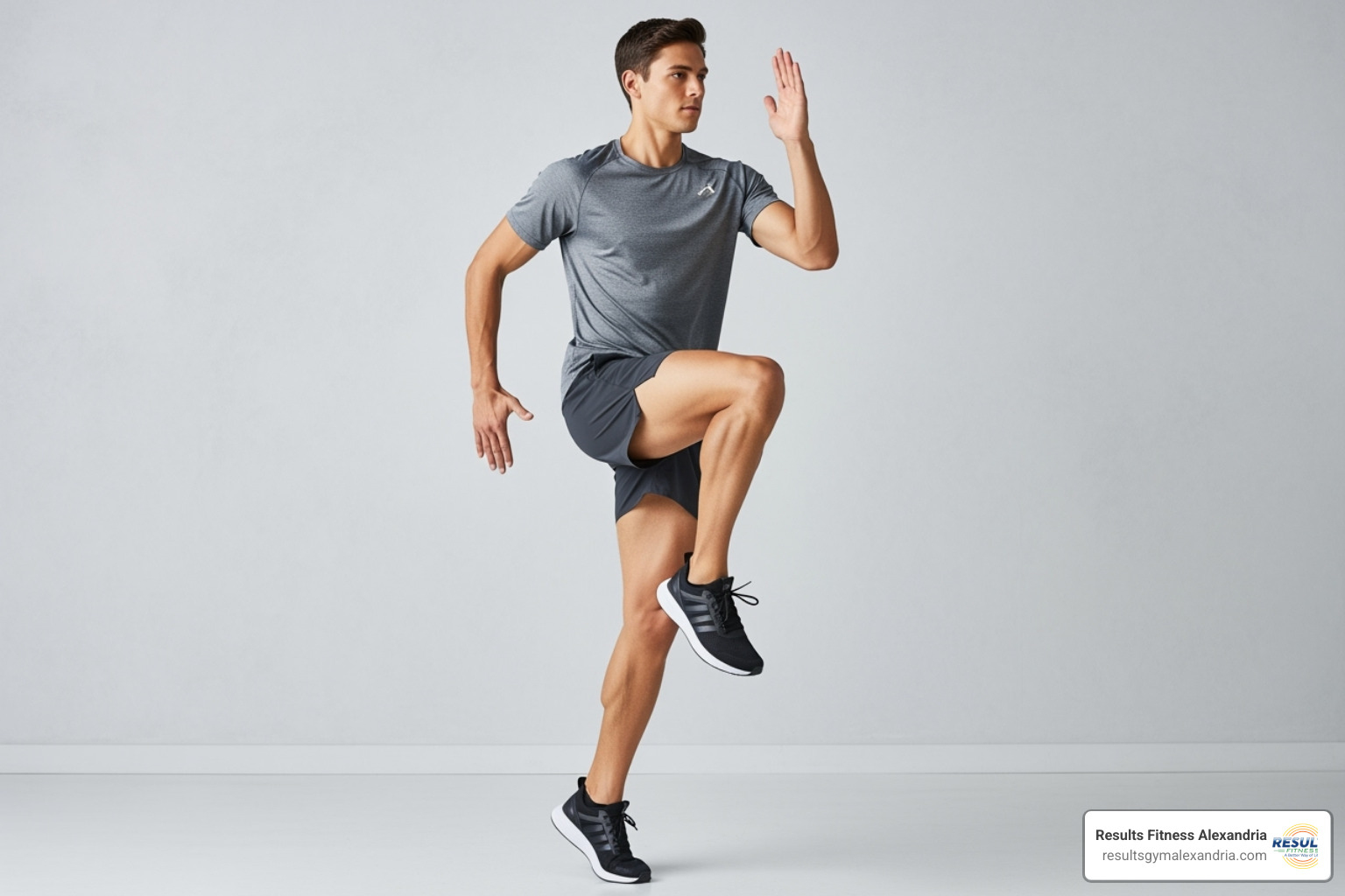 person marching in place with high knees - exercise for cardiovascular endurance at home