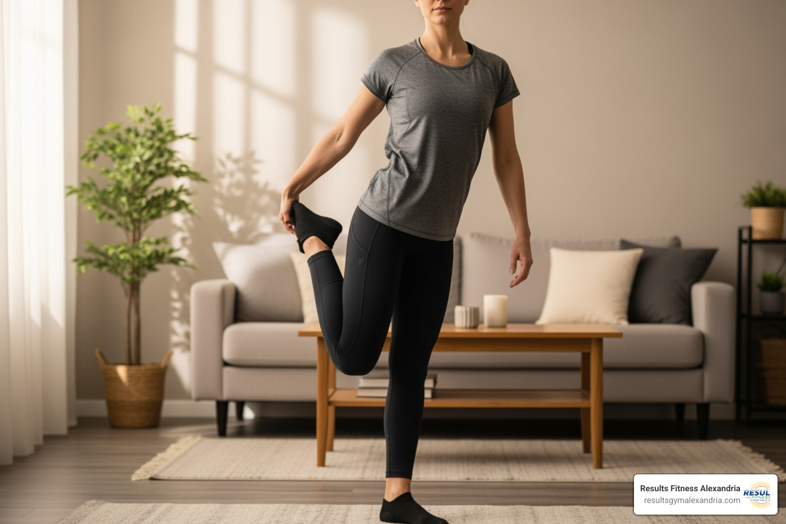 person doing a quad stretch as part of a cool-down - exercise for cardiovascular endurance at home