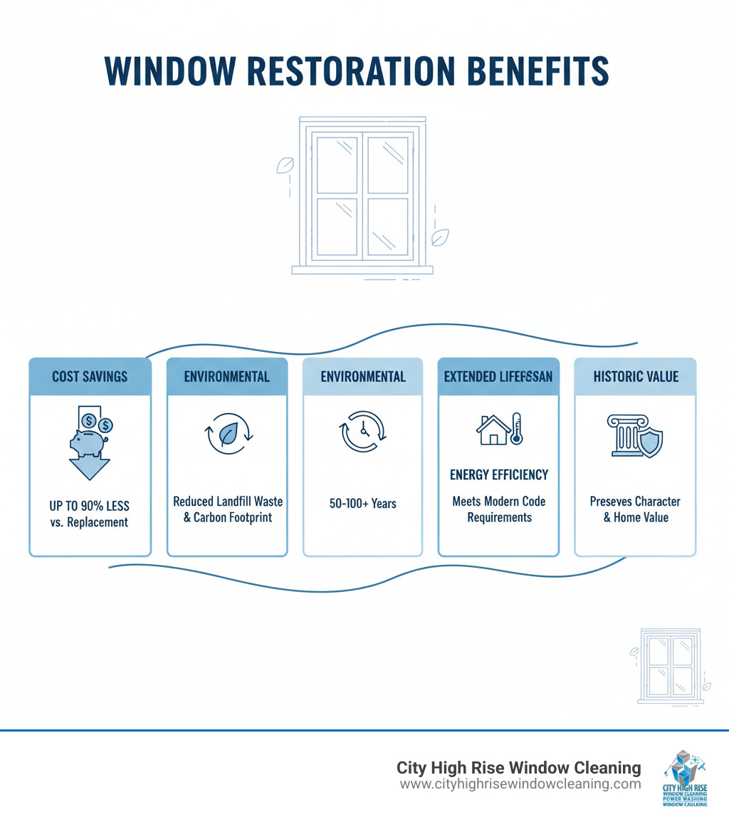 Infographic showing the key benefits of window restoration: cost savings of up to 90% vs replacement, environmental impact with reduced landfill waste and lower carbon footprint, extended lifespan of 50-100+ years for restored windows, improved energy efficiency meeting modern code requirements, and preservation of historic character and home value - window restoration infographic Infographic showing the key benefits of window restoration: cost savings of up to 90% vs replacement, environmental impact with reduced landfill waste and lower carbon footprint, extended lifespan of 50-100+ years for restored windows, improved energy efficiency meeting modern code requirements, and preservation of historic character and home value - window restoration infographic