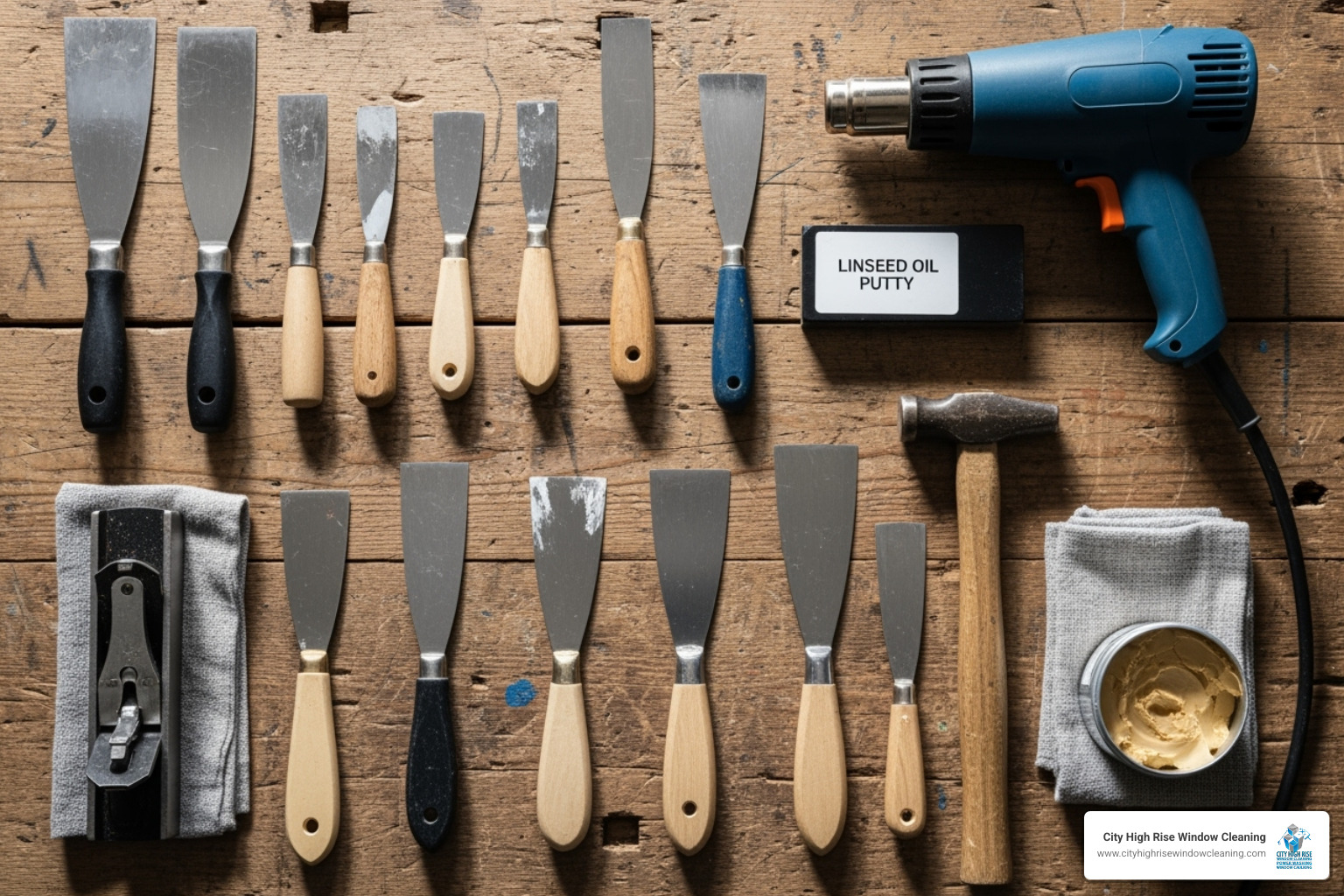 Essential window restoration tools—scrapers, heat gun, putty knives—arranged on a workbench - window restoration Essential window restoration tools—scrapers, heat gun, putty knives—arranged on a workbench - window restoration