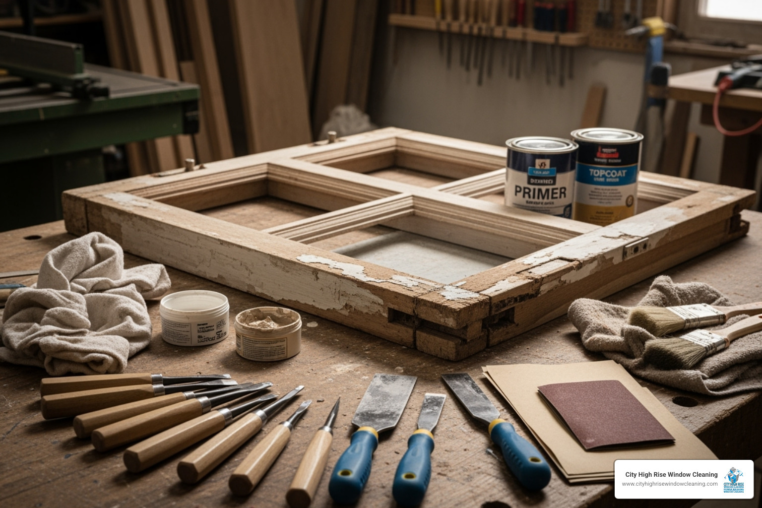 Window sash on a workbench mid-restoration, with tools and materials visible - window restoration Window sash on a workbench mid-restoration, with tools and materials visible - window restoration