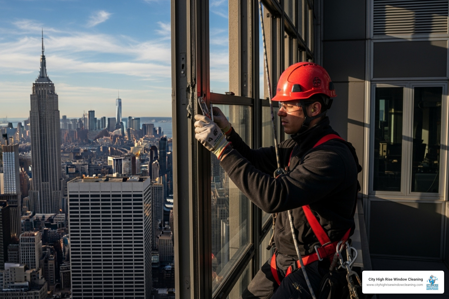 City High Rise technician restoring a window on a high-rise building in NYC - window restoration City High Rise technician restoring a window on a high-rise building in NYC - window restoration