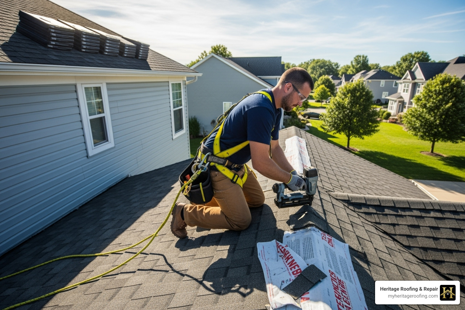 professional roofer with a safety harness - new roof installation professional roofer with a safety harness - new roof installation