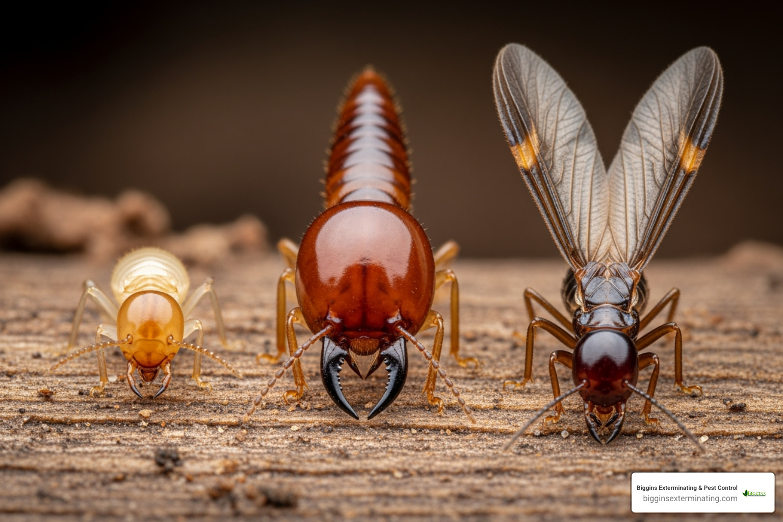 Image of the three main termite castes: worker, soldier, and swarmer - subterranean termite