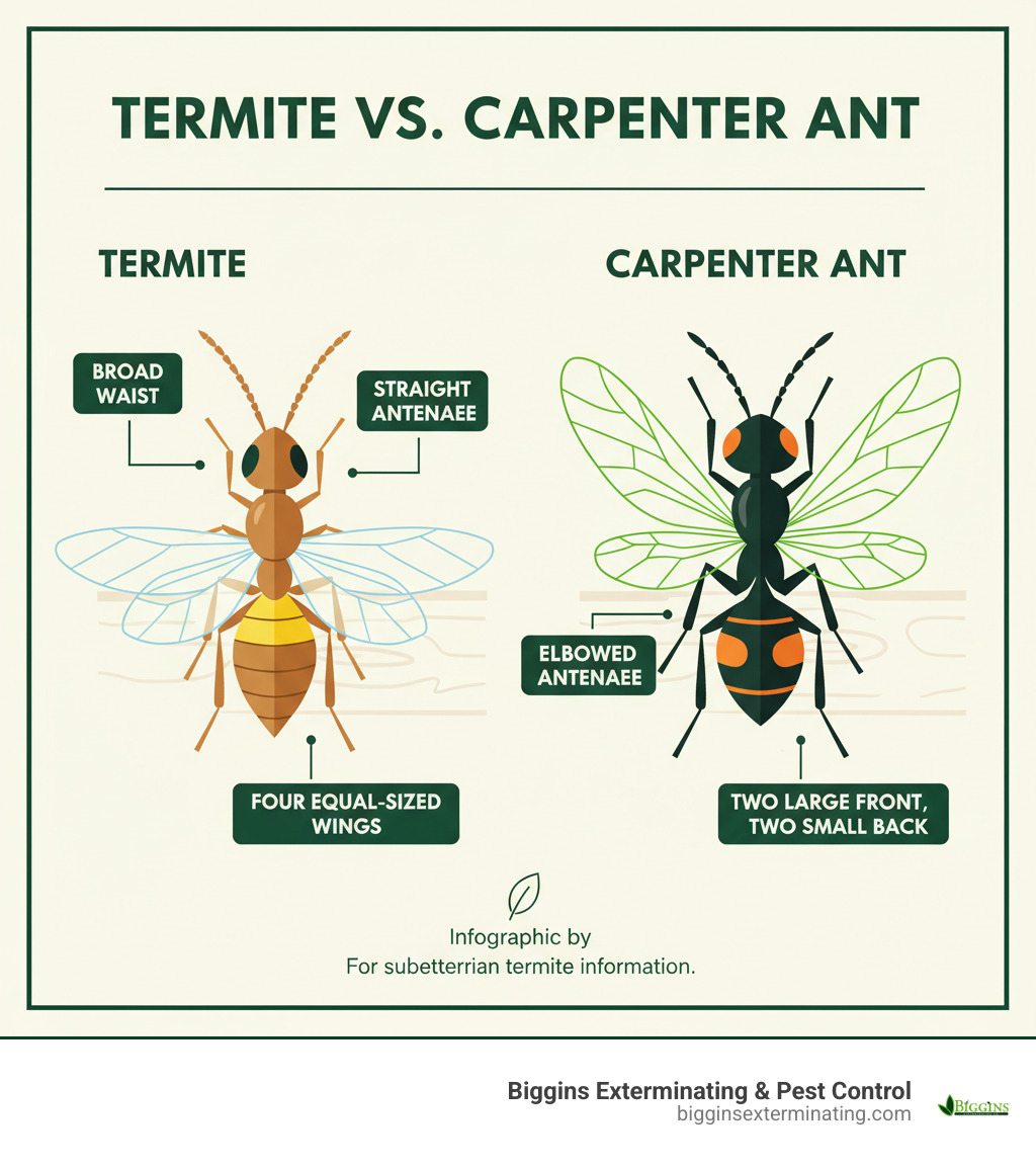 Infographic showing the key differences between termites and carpenter ants: termites have a broad waist, straight antennae, and four equal-sized wings, while ants have a pinched waist, elbowed antennae, and two large front wings with two smaller back wings - subterranean termite infographic 